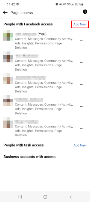 Facebook Mobile App Add New Button Next to People with Facebook Access on Page Access Screen
