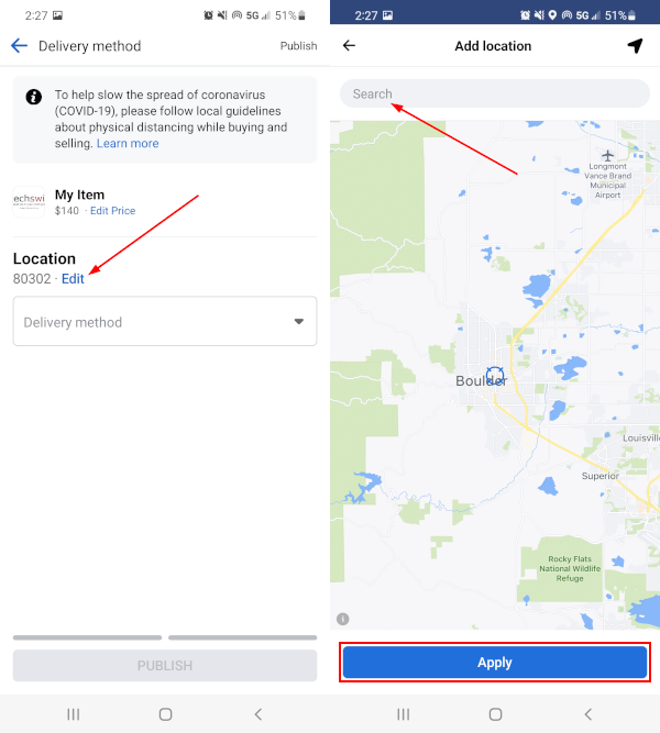 Facebook Mobile App Change Location on Marketplace Create New Listing Screen