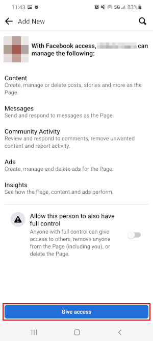 Facebook Mobile App Give Access on Add New Facebook User Screen in New Pages Experience