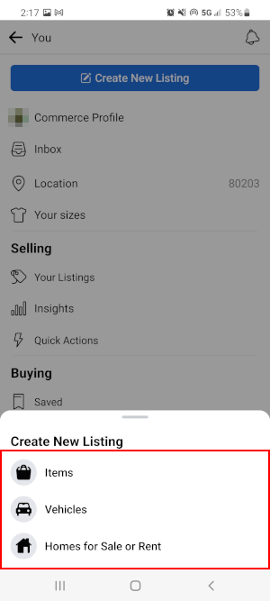 Facebook Mobile App Marketplace Listing Types in Create New Listing Menu