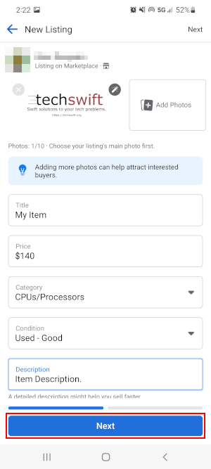 Facebook Mobile App Marketplace Next Button on Create New Item Listing Screen