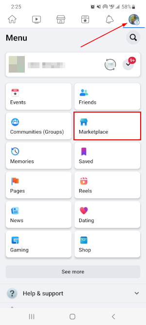 Facebook Mobile App Marketplace Tine in Hamburger Menu June 2022