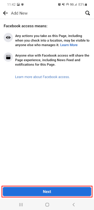 Facebook Mobile App Next Button on Facebook Access Informational Screen