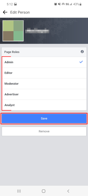 Facebook Mobile App Page Roles and Save Button on Edit Persons Role Screen