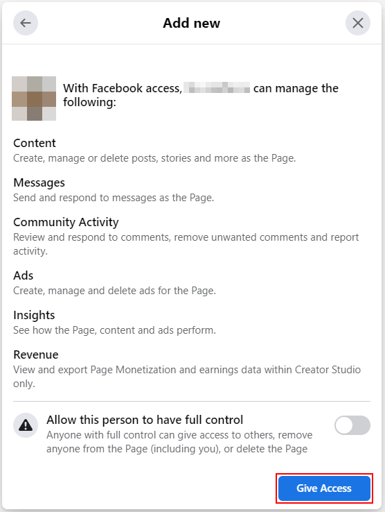 Facebook Web Give Access Button in Add New Admin Window in New Pages Experience