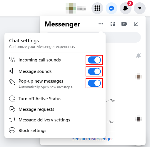 Facebook Web Incoming Call Sounds Message Sounds and Pop-up New Messages Toggles in Messenger Chat Settings