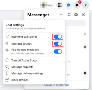 Facebook Web Incoming Call Sounds and Message Sounds Toggle in Messenger Chat Settings