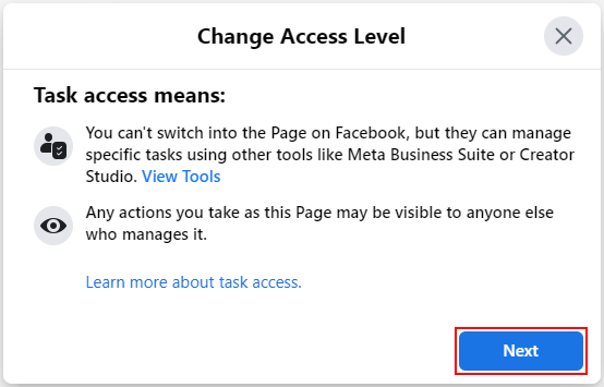 Facebook Web Next Button in Change Access Level Information Window in New Pages Experience