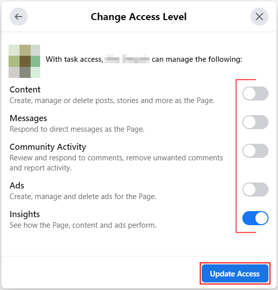 Facebook Web Toggles and Update Access Button in Change Access Level Windows in New Pages Experience