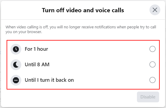 Facebook Web Turn Off Video and Voice Calls Duration Selection Window