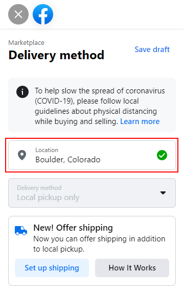 Facebook Website Marketplace Location Field Under Delivery Method on Create New Listing Page
