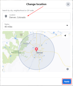 Facebook Website Marketplace Location and Apply Button in Change Location Window
