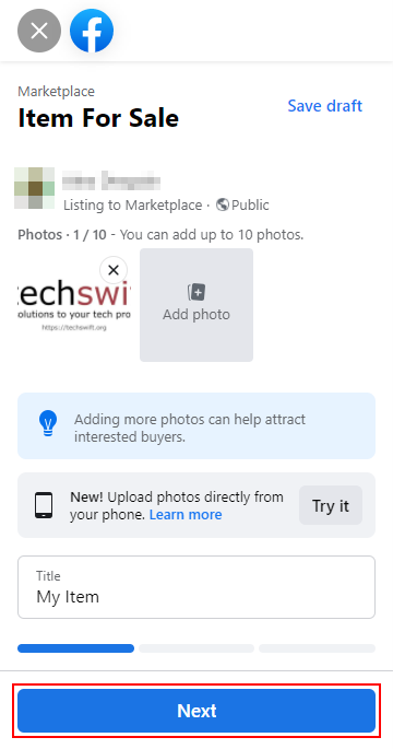 Facebook Website Marketplace Next Button in New Item Listing Menu on Create New Listing Page