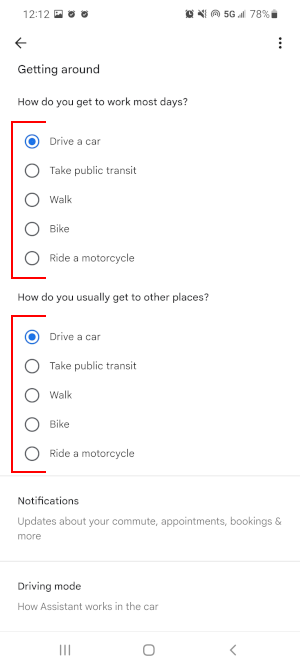 Google Assistant Getting Around Settings in Transportation Settings