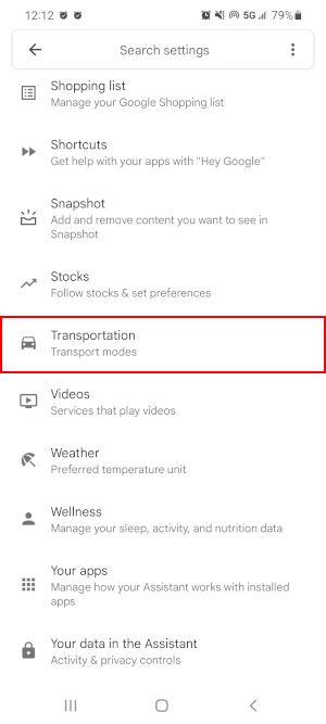 Google Assistant Transportation Setting Under All Settings