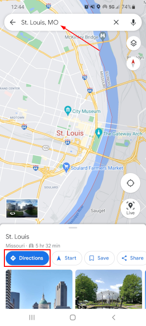 Google Maps Mobile App Directions Button on Search Results Screen