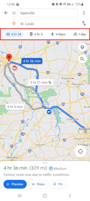 Google Maps Mobile App Transportation Mode Icons on Directions Screen