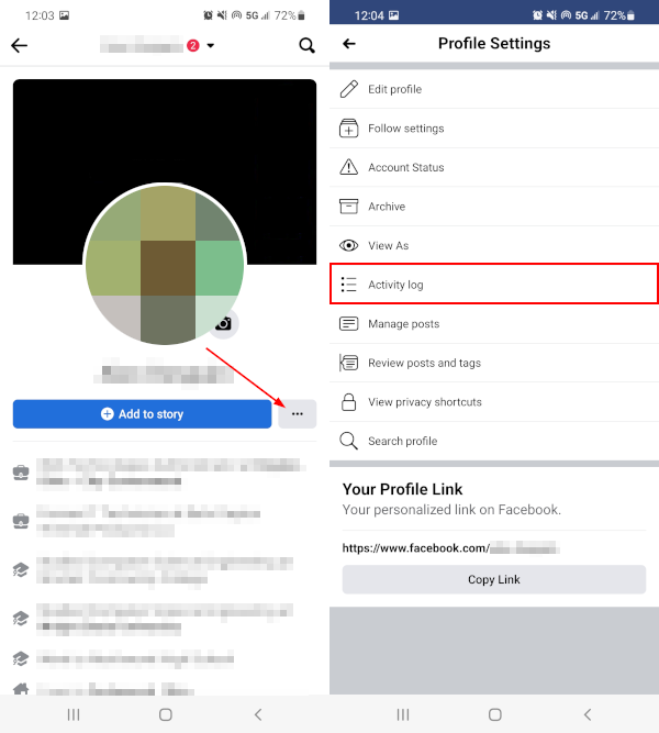 Facebook Mobile App Activity Log in Profile Settings Menu