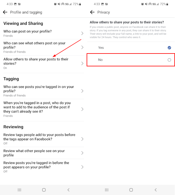 Facebook Mobile App Allow Others to Share Posts to Their Stories in Profile and Tagging Settings