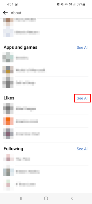 Facebook Mobile App See All Next to Likes Section on About Users Profile Screen