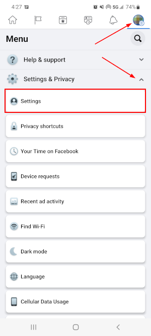 Facebook Mobile App Settings Under Settings and Privacy in Hamburger Menu