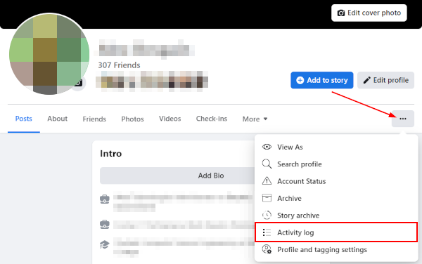 Facebook Web Activity Log in Profile Ellipsis Menu