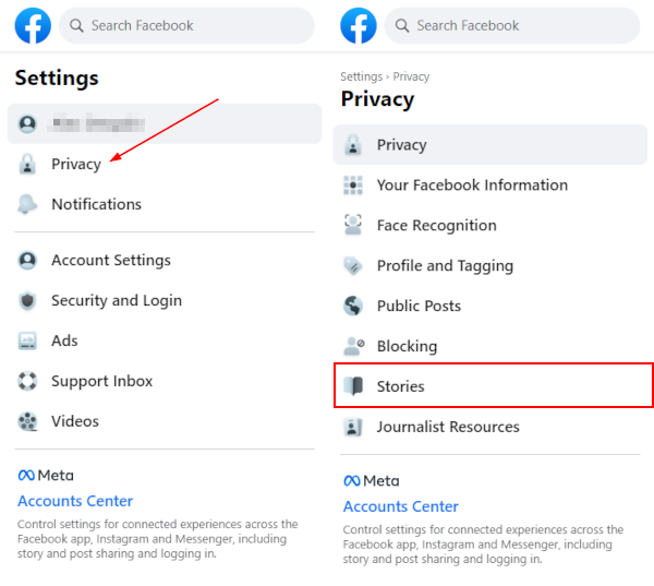 Facebook Web Stories in Privacy Settings