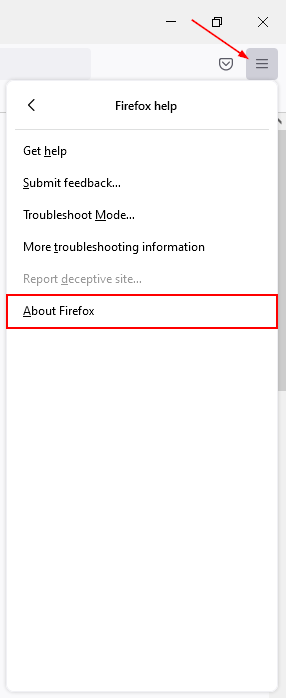 Firefox About Firefox in Hamburger Menu