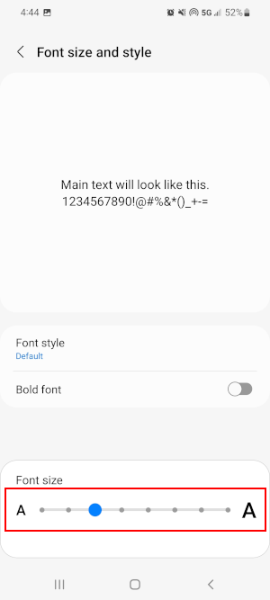 Font Size Slider Under Font Size and Style in Android Settings App