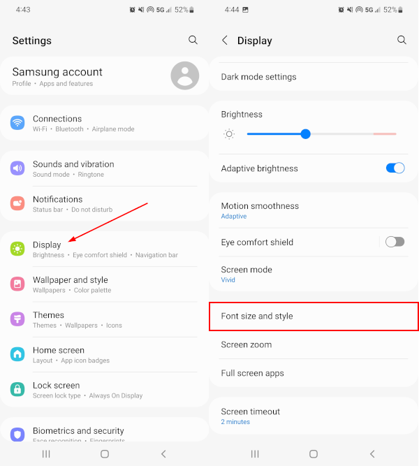 Font Size and Style Under Display in Android Settings App