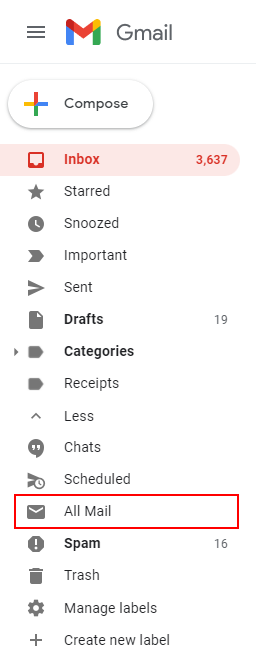 Gmail All Mail Label in Labels Menu