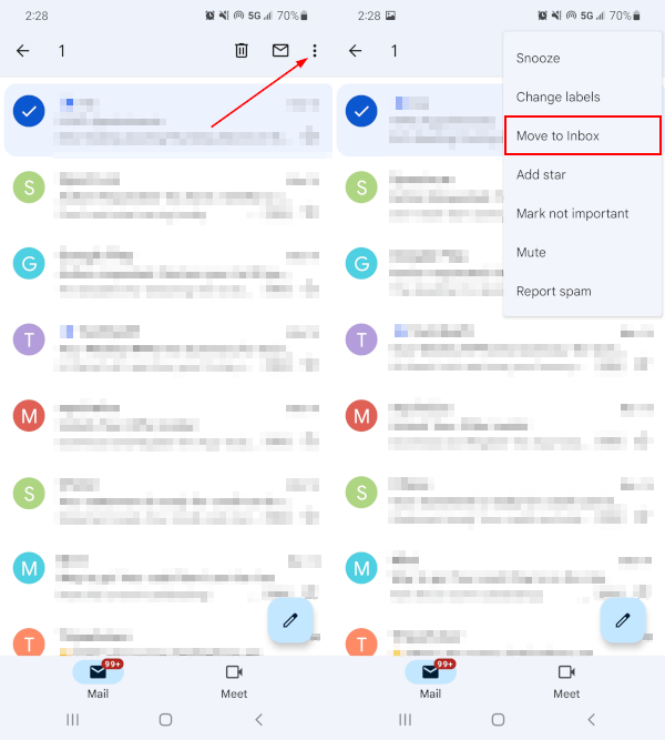 Gmail Mobile App Move to Inbox in Ellipsis Menu