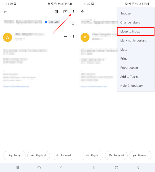 Gmail Mobile App Move to Inbox in Email Ellipsis Menu