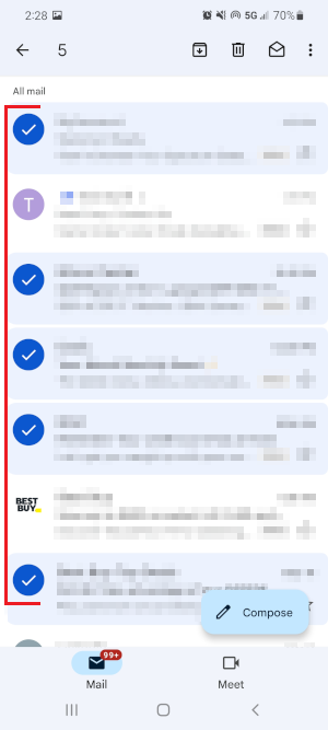 Gmail Mobile App Selected Emails with Checkbox Checked