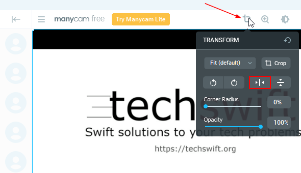 ManyCam Flip Horizontally Option in Transform Menu