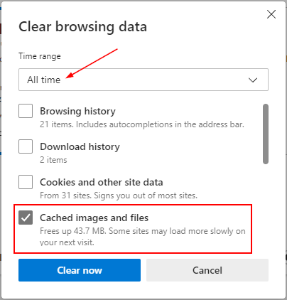 Microsoft Edge All Time in Time Range Dropdown and Cached Images and Files Checked in Clear Browsing Data Window