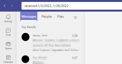 Microsoft Teams Received Between Two Dates Search Modifier Example