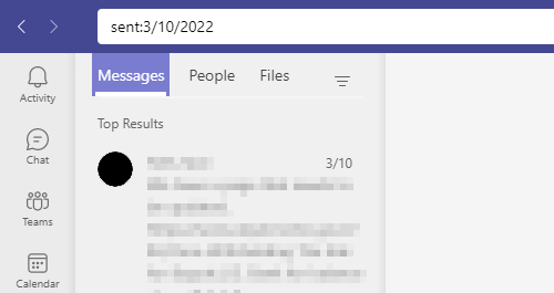 Microsoft Teams Sent on Specific Date Search Modifier Example