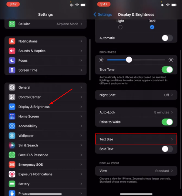 Text Size Under Display and Brightness in iPhone Settings App