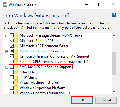 Windows 10 SMB CIFS and OK Button in Optional Windows Features