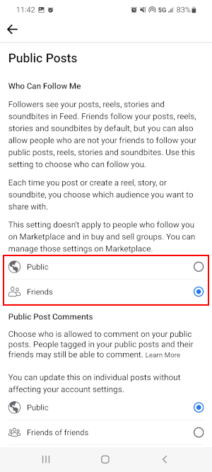 Facebook Mobile App Who Can Follow Me Settings