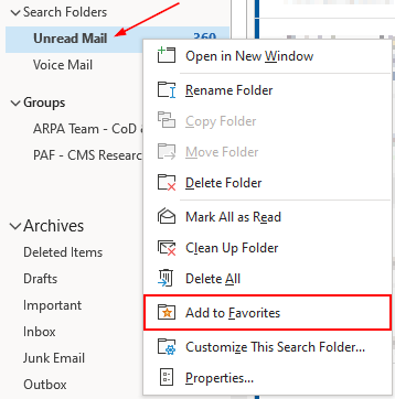 Outlook 365 Desktop Client Add to Favorites in Search Folder Right Click Menu