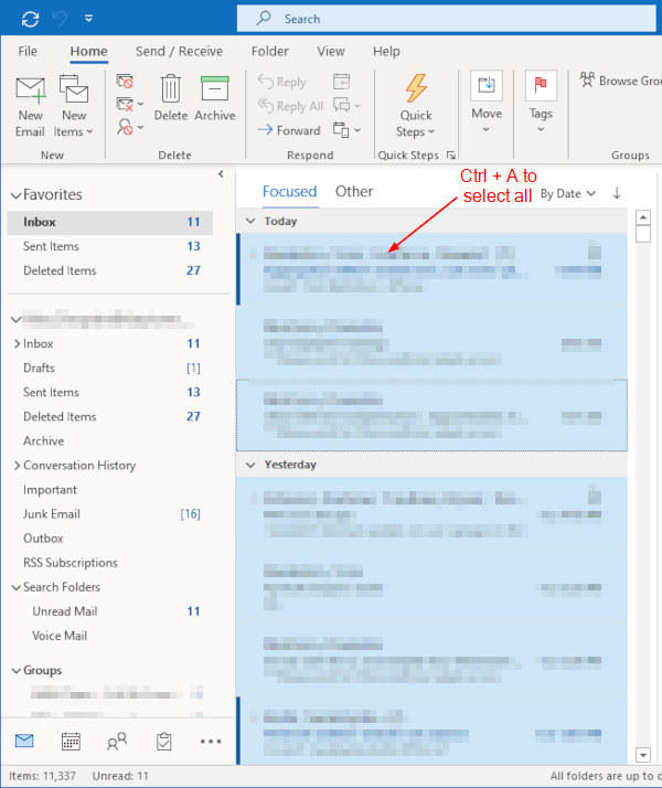 Outlook 365 Desktop Client All Emails in Inbox Selected