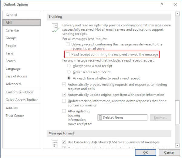 Outlook 365 Desktop Client Always Send Read Receipt in Outlook Options