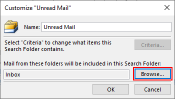 Outlook 365 Desktop Client Browse Button in Customize Search Folder Window