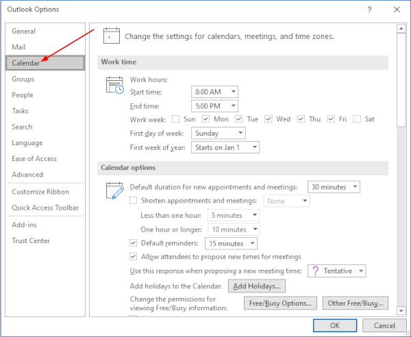 Outlook 365 Desktop Client Calendar Tab in Outlook Options