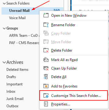 Outlook 365 Desktop Client Customize This Search Folder in Search Folder Right Click Menu