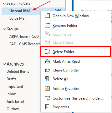 Outlook 365 Desktop Client Delete Folder in Search Folder Right Click Menu