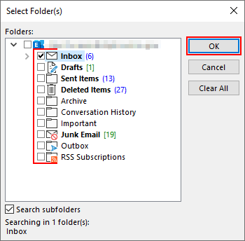 Outlook 365 Desktop Client Folders in Select Folder Customize Search Folder Window