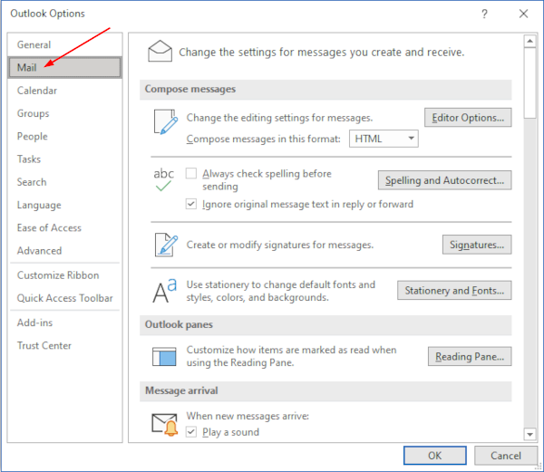 Outlook 365 Desktop Client Mail Tab in Outlook Options